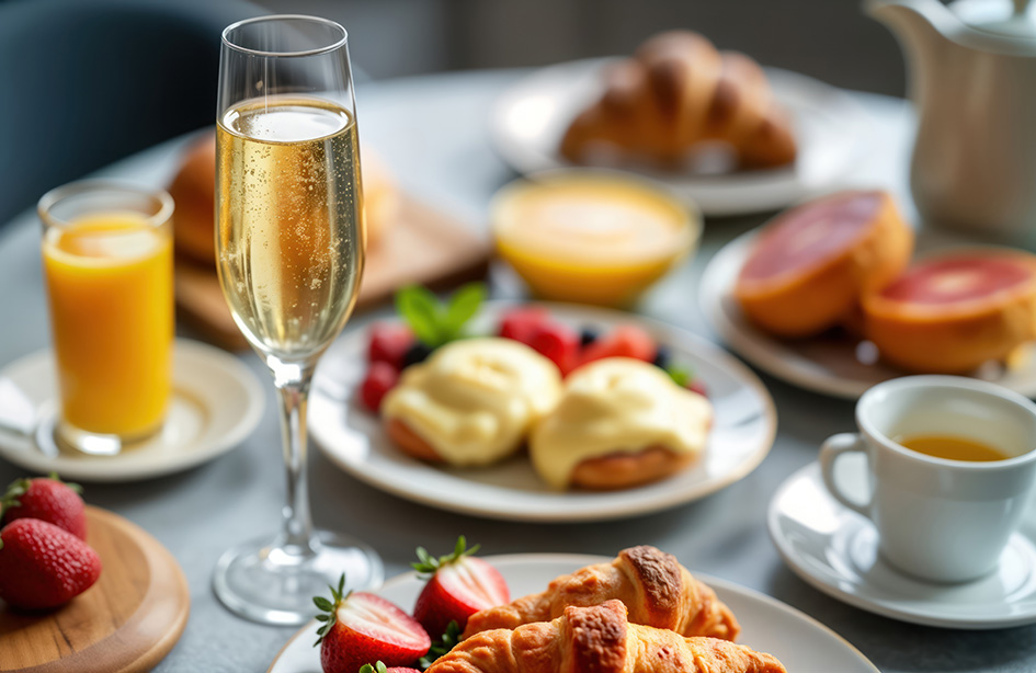 verschiedene Frühstücksteller mit einem Glas Sekt